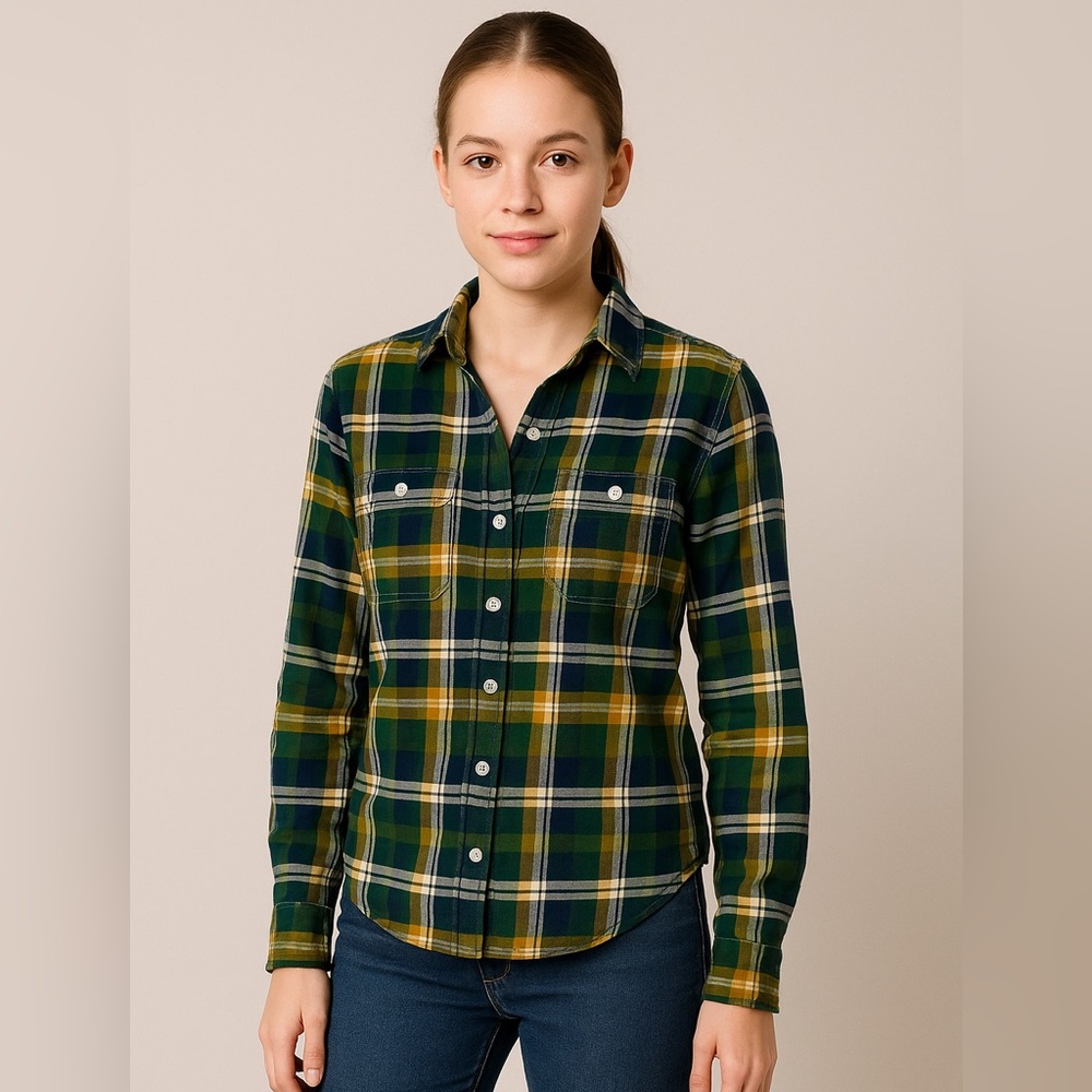 J. Crew Factory Green Navy Mustard Plaid Button-Down Shirt